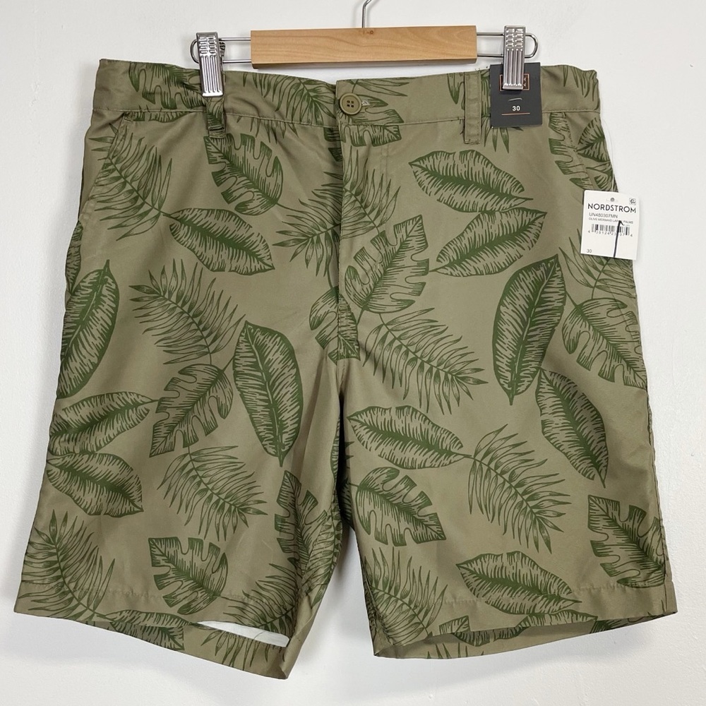 14th & Union Shorts Mens Size 30 Trim Fit Olive Green Mermaid Large Palm NWT NEW